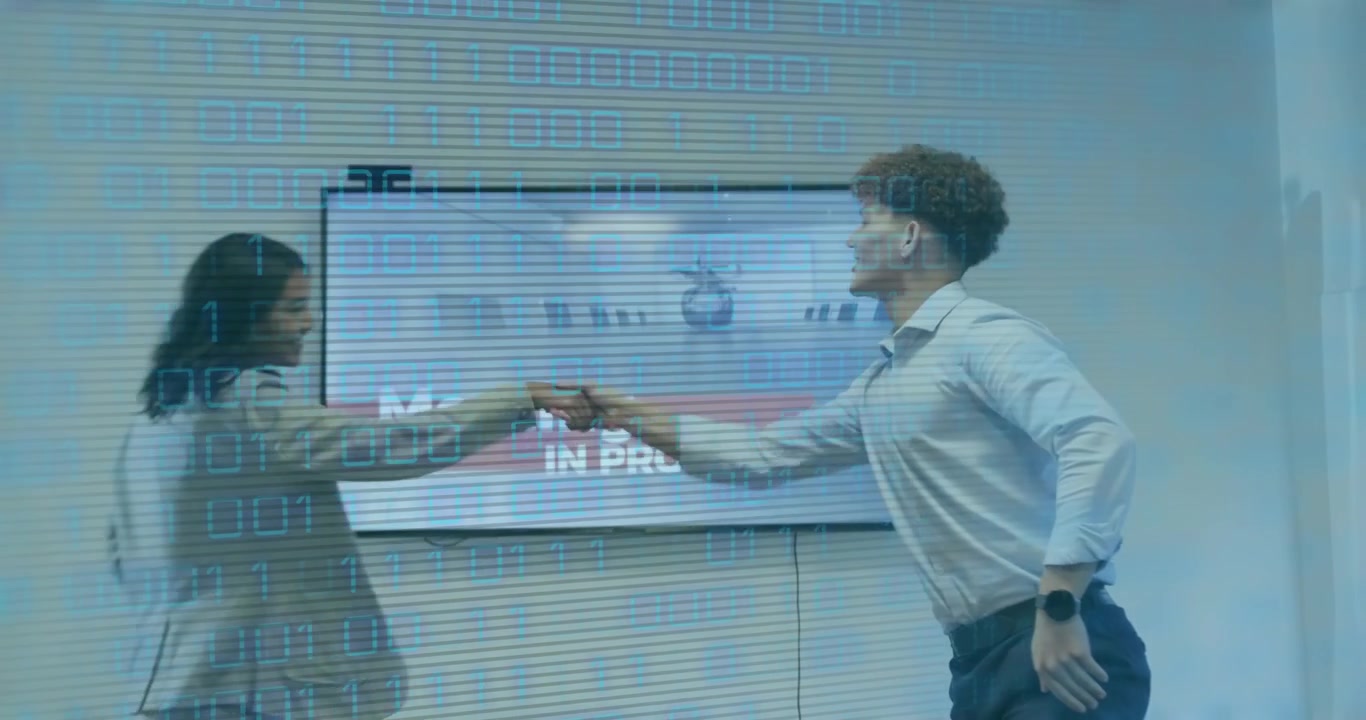 Man adjusting tie standing in boardroom, inviting colleague with moving chart overlay on tablet
