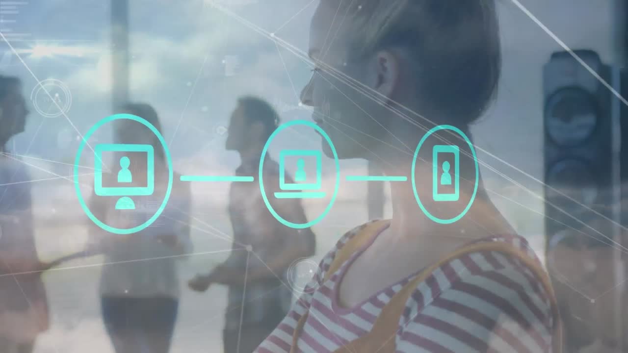 animación de mujeres e iconos a través de una red de conexiones