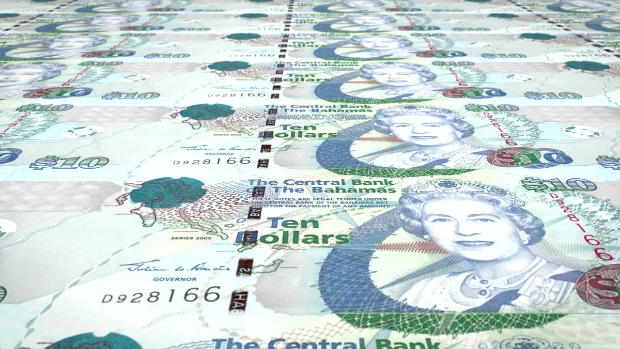 10 바하마 달러의 지폐가 화면에 굴러, 현금, 루프
