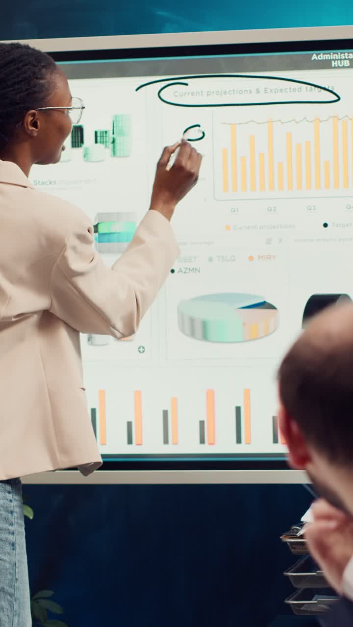 Forretningskvinder præsenterer data på interaktiv skærm under kontormøde