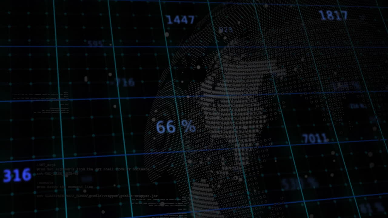 Displaying animation of digital grid overlay with numerical data on dark background