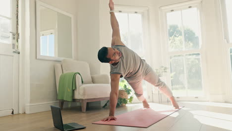 man, yoga and stretching on laptop for home