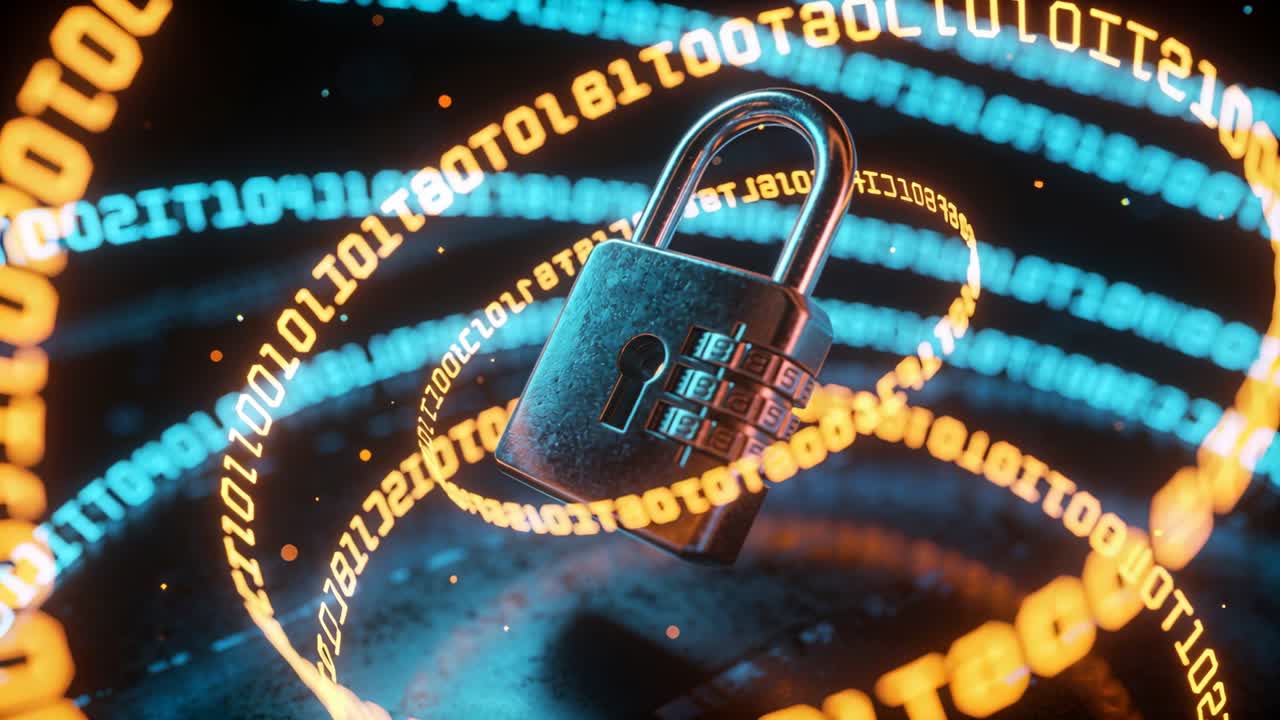 Orange and blue binary spirals tightening encircling combo lock showing dials, conveying security