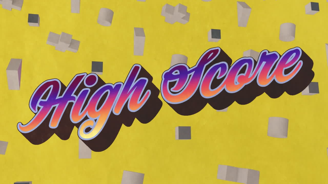 노란색 배경에 움직이는 모양 블록 위에 다채로운 글자로 높은 점수 텍스트의 애니메이션