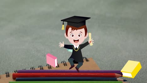 Animation-of-schoolboy-graduating-and-book-icons-over-grey-background