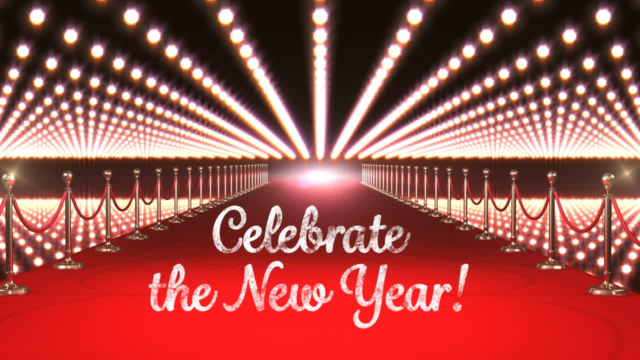 Testo 'Celebrate New Year' con luci lampeggianti e tappeto rosso.