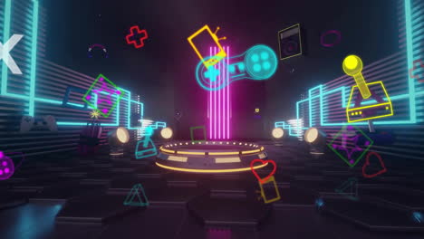 animation of gaming icons and shapes over cyber room