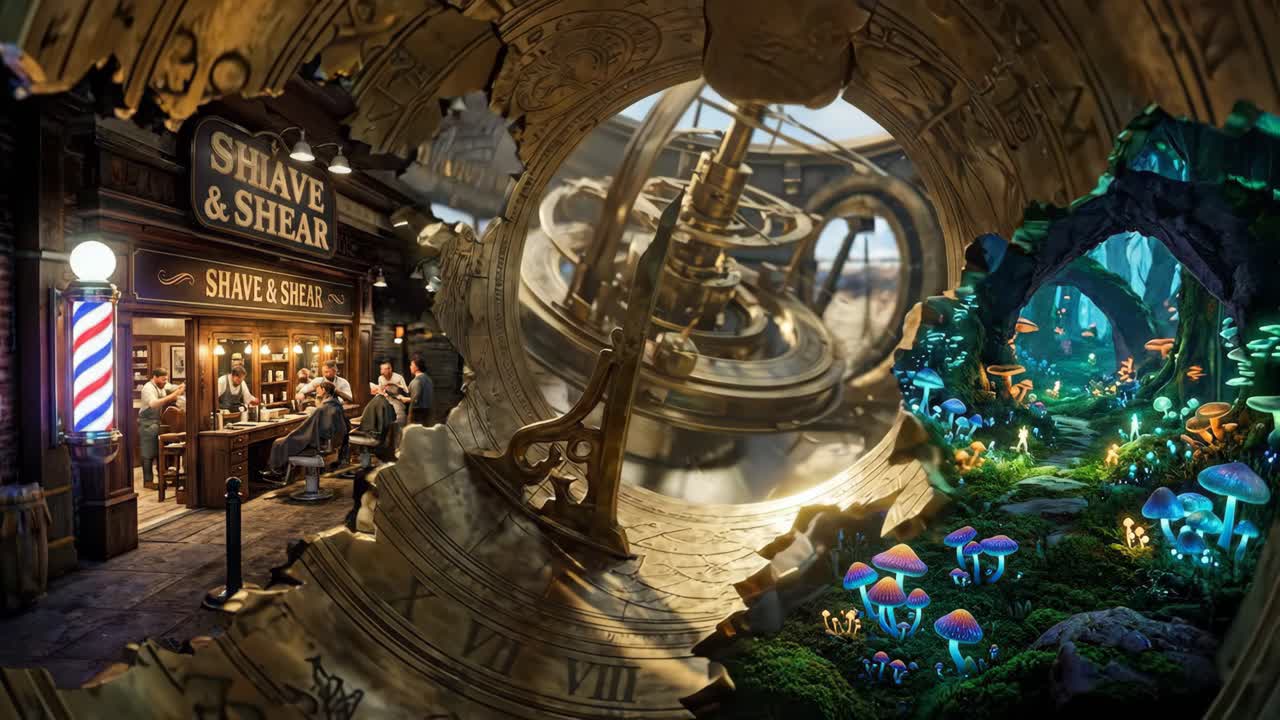 Meridiana animata che si trasforma in quadrante di orologio con elementi fantasy