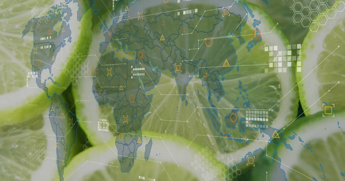 Map fading in then HUD overlays animating over lime slices, visualizing global data clusters