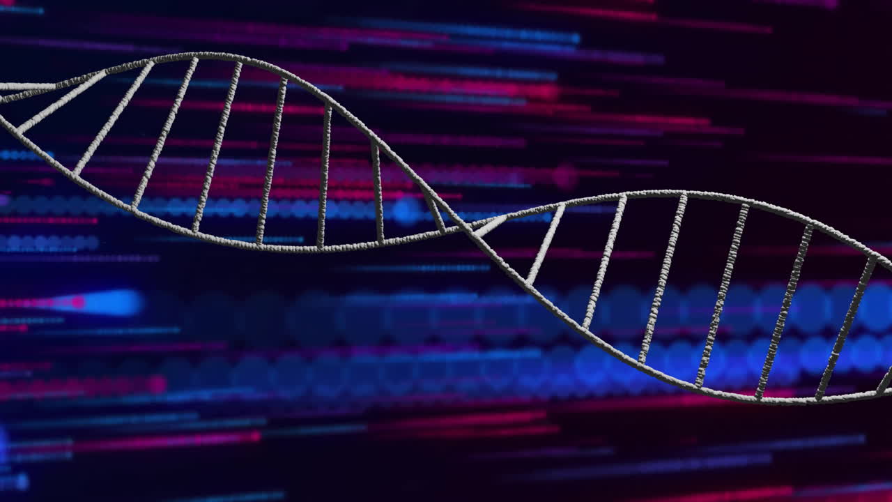 Animation of dna strand over colourful light trails on black background