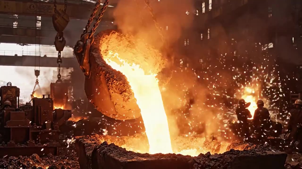 Intenso Processo di Colata del Metallo in Fonderia: Scene Affascinanti di Acciaio Fuso che Scorre negli Stampi tra Scintille Ardenti in un Ambiente di Produzione ad Alta Temperatura.