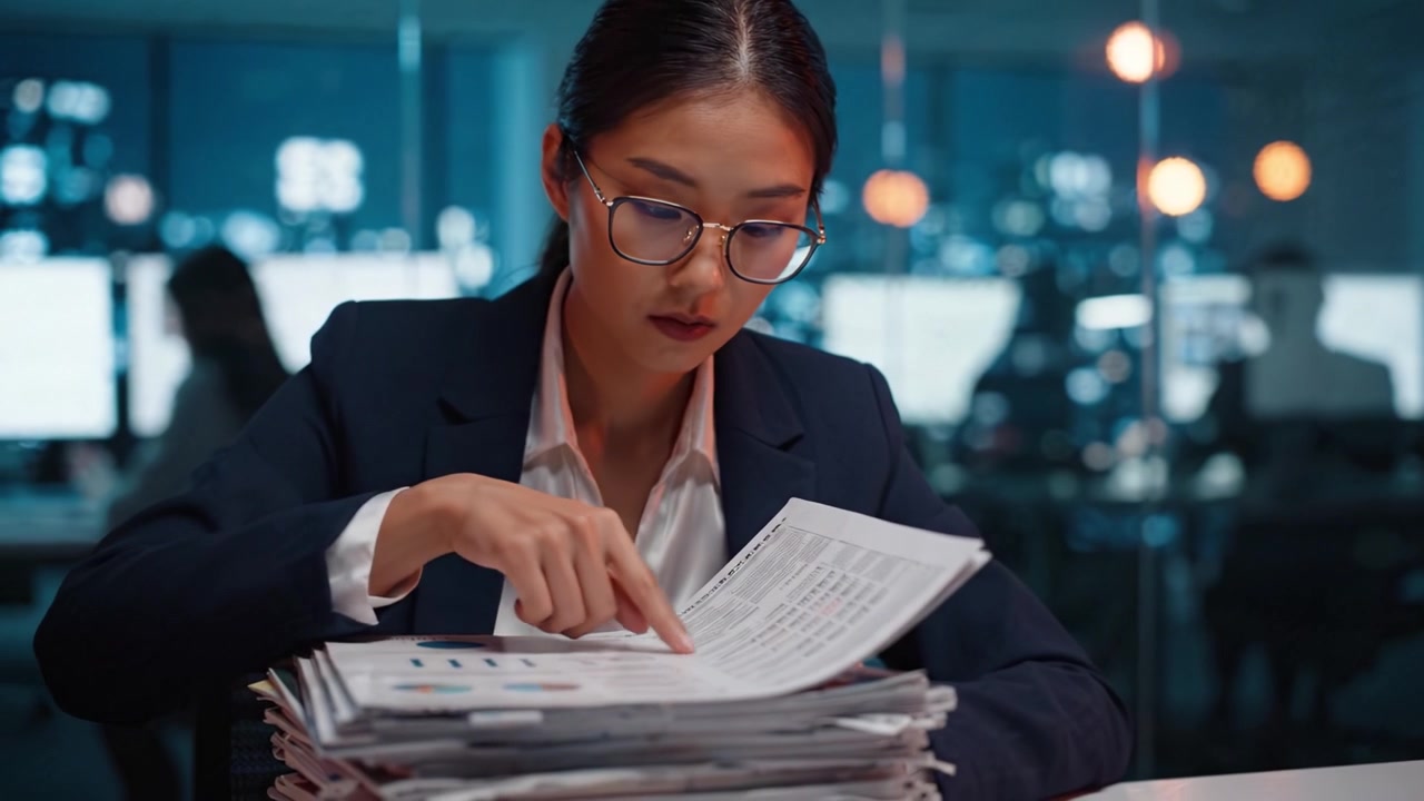 Focused Professional Analyzing Reports in Modern Office Environment with Glowing Computer Screens and Papers Stacked High on Desk Highlighting Intense Work Ethic