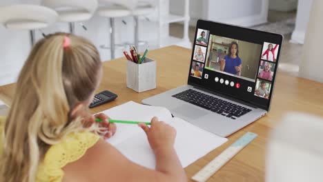 Caucasian-girl-having-a-video-conference-with-teacher-and-classmates-on-laptop-at-home