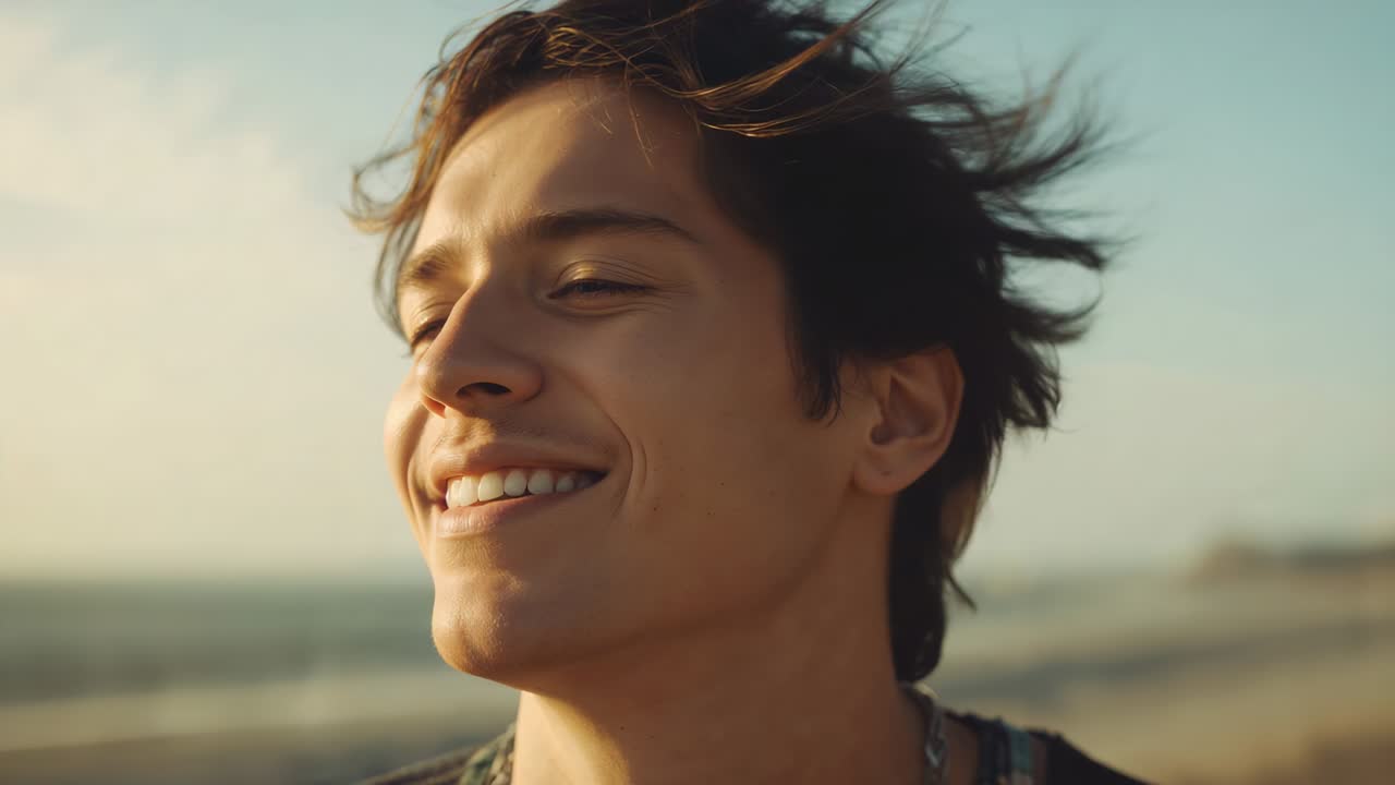 Smiling man dark top necklace earring opening eyes turning to horizon as breeze lifting hair beach