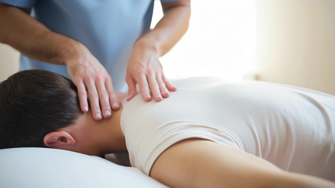 Massagista Profissional Dando uma Massagem Relaxante no Pescoço e Ombros a um Homem