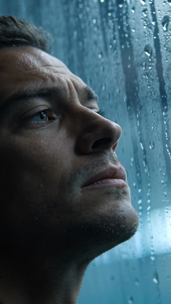 Video verticale: Gocce di pioggia che scivolano sulla finestra, con un uomo che inclina la testa, ammorbidendo l'atmosfera per un film.