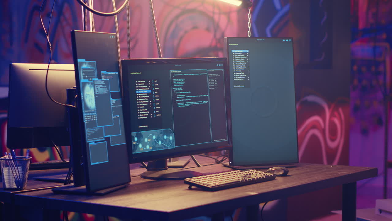 PC monitors in neon lit warehouse