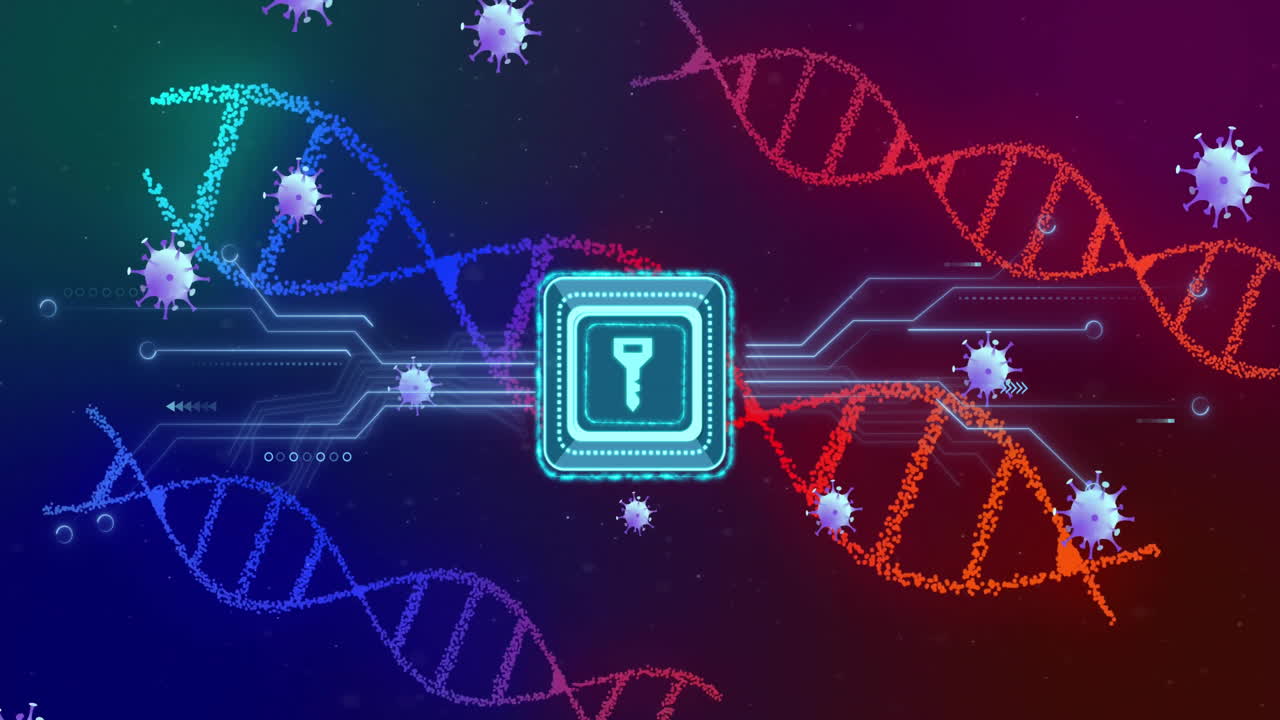Animation of key icon, dna strands and scientific data processing with covid 19 cells