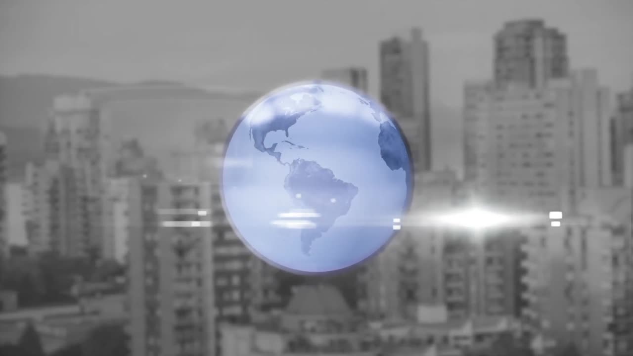 animación de puntos de luz y globo sobre el paisaje urbano