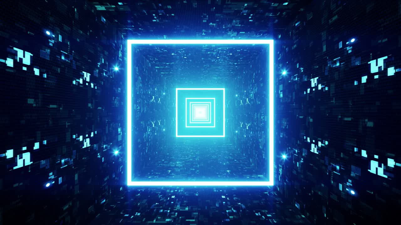Glowing Blue Square Light in the Cyber Tunnel