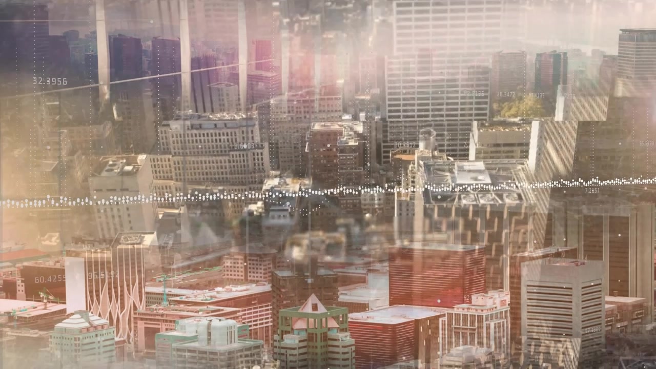 Animation of financial graphs over cityscape