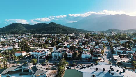 Drone-View-of-Kemer-City-of-Antalya,-Resort-Town-on-Mediterranean-Coast-of-Turkey