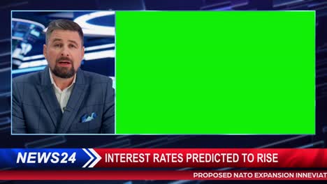 split screen tv news live report: anchor talks, reporting. reportage montage with picture in picture green screen. side by side chroma key display. television program channel playback. luma matte