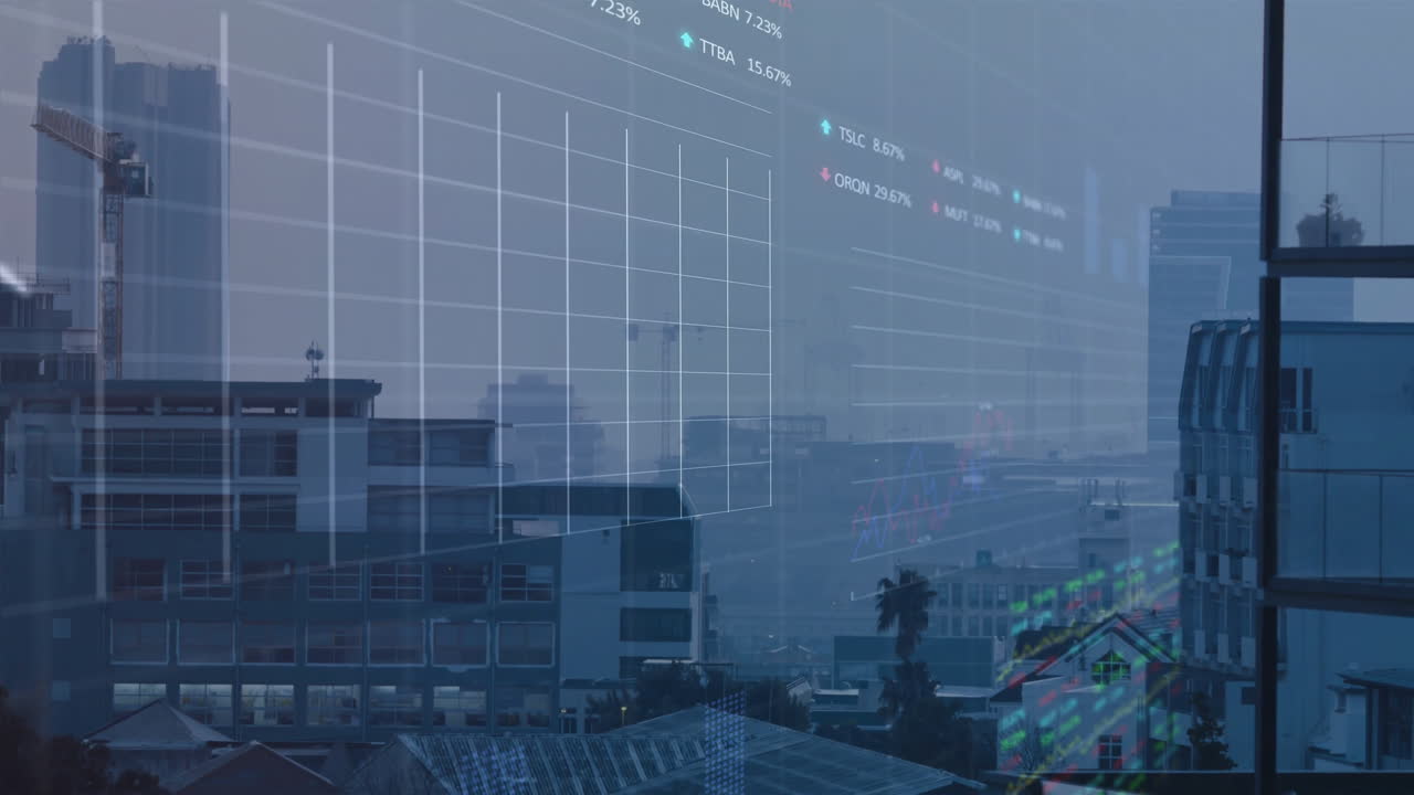 Financial data and stock market trends animation over urban cityscape
