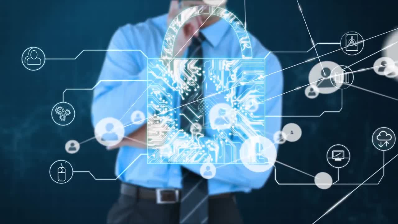 온라인 보안  ⁇ 락과 사업가에 대한 아이콘으로 연결 네트워크의 애니메이션