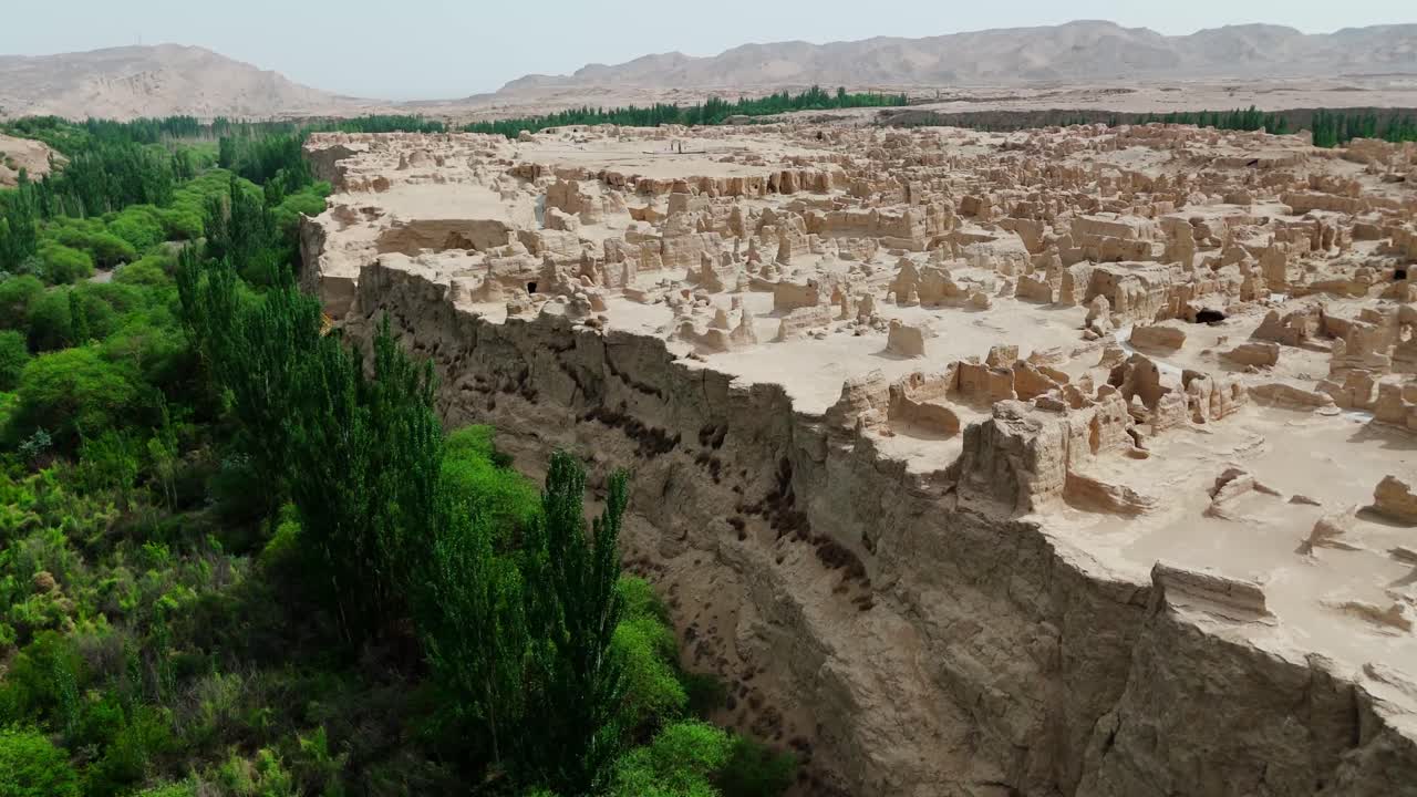 Aerial view of Xinjiang Jiaohe Ruins Ancient City in China Tupan drone unesco archaeologic site