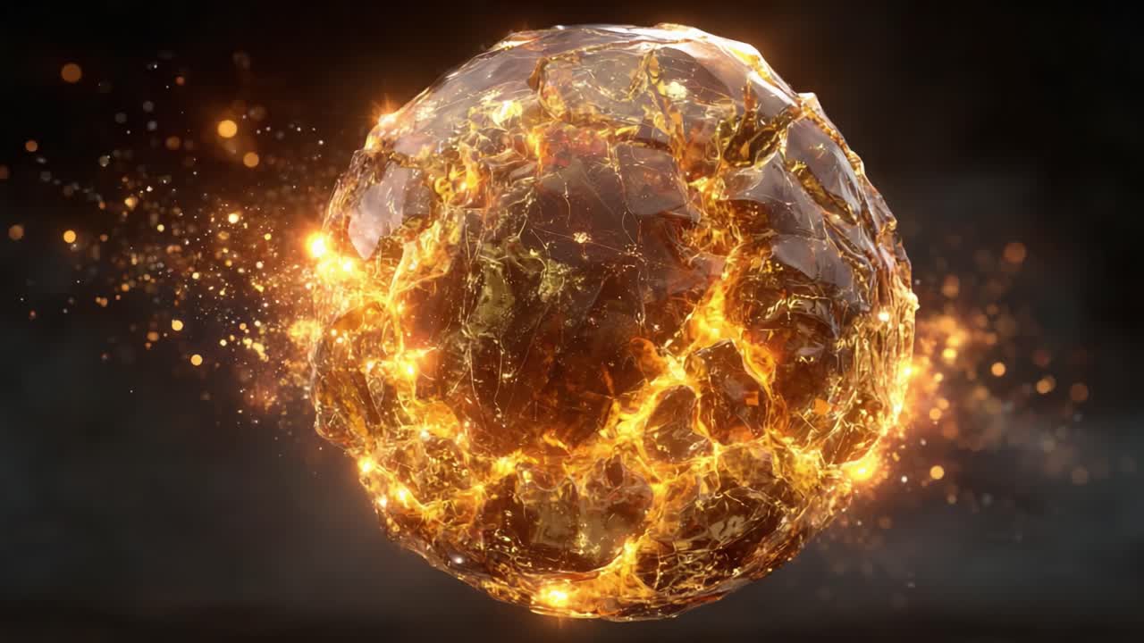 Una trasformazione esplosiva di una sfera di roccia infuocata illuminata da energia scintillante, che cattura un momento dinamico di movimento e luce in un ipnotico spettacolo