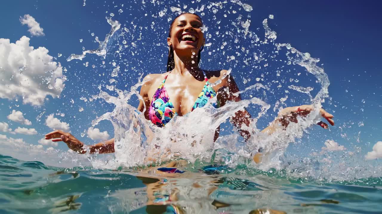 Low-angle video shot of a joyful woman splashing water in a vibrant swimsuit, capturing dynamic