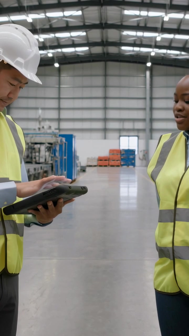 Vertical video: Talking man using rugged tablet, checking list in plant aisle, wearing safety gear