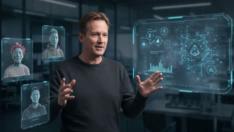 engaging presentation on digital innovations: expert discusses data analytics, technology trends, and future insights with visual aids and interactive graphics