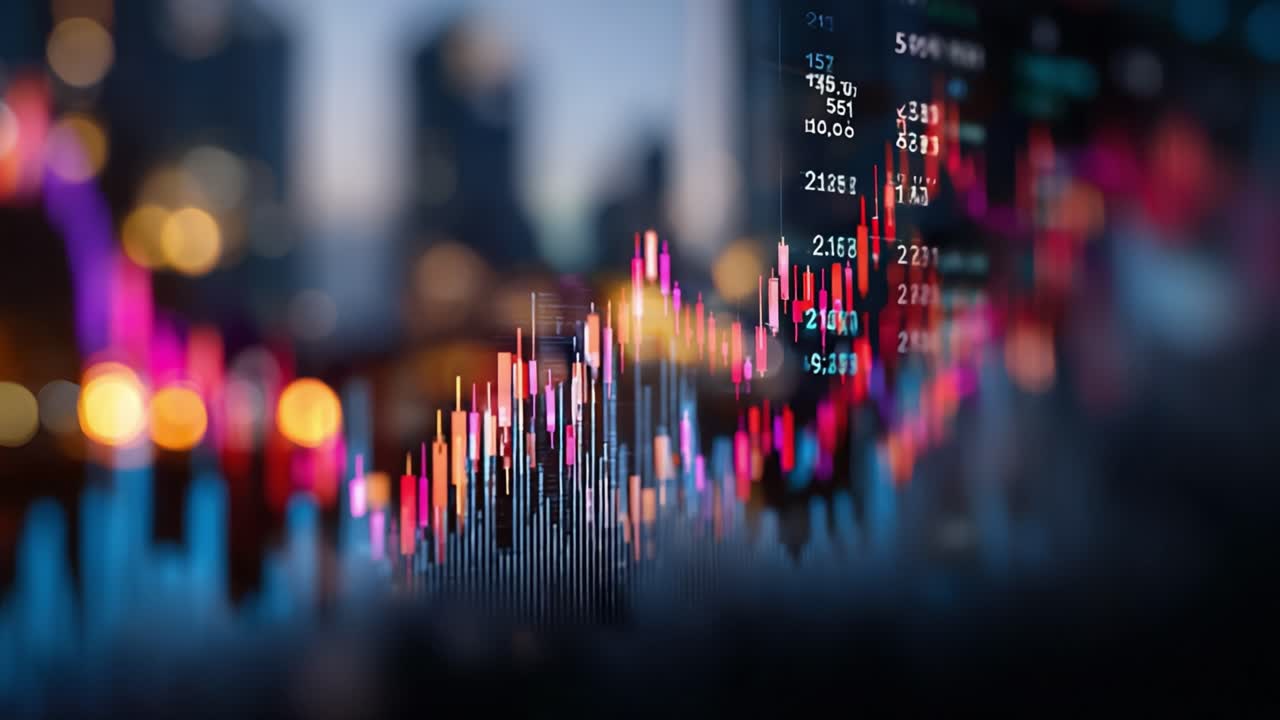 Visualizzazione accattivante delle tendenze del mercato finanziario evidenziate da grafici colorati, che mostrano l'andamento azionario e le fluttuazioni economiche in un ambiente urbano moderno