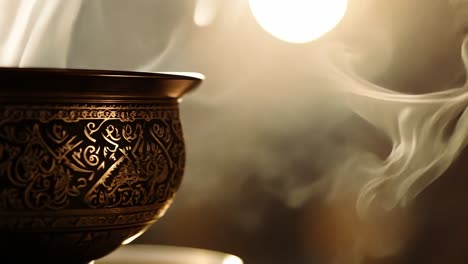 white smoke rises gracefully from a beautifully decorated bronze bowl, creating a serene atmosphere for relaxation and meditation