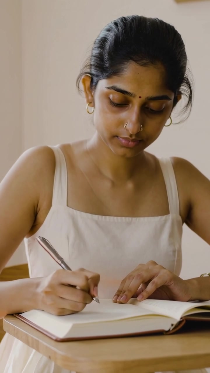 Video verticale: Donna indiana che tocca la pagina con la penna, scrivendo un diario in un quaderno alla scrivania, indossando un top senza maniche.