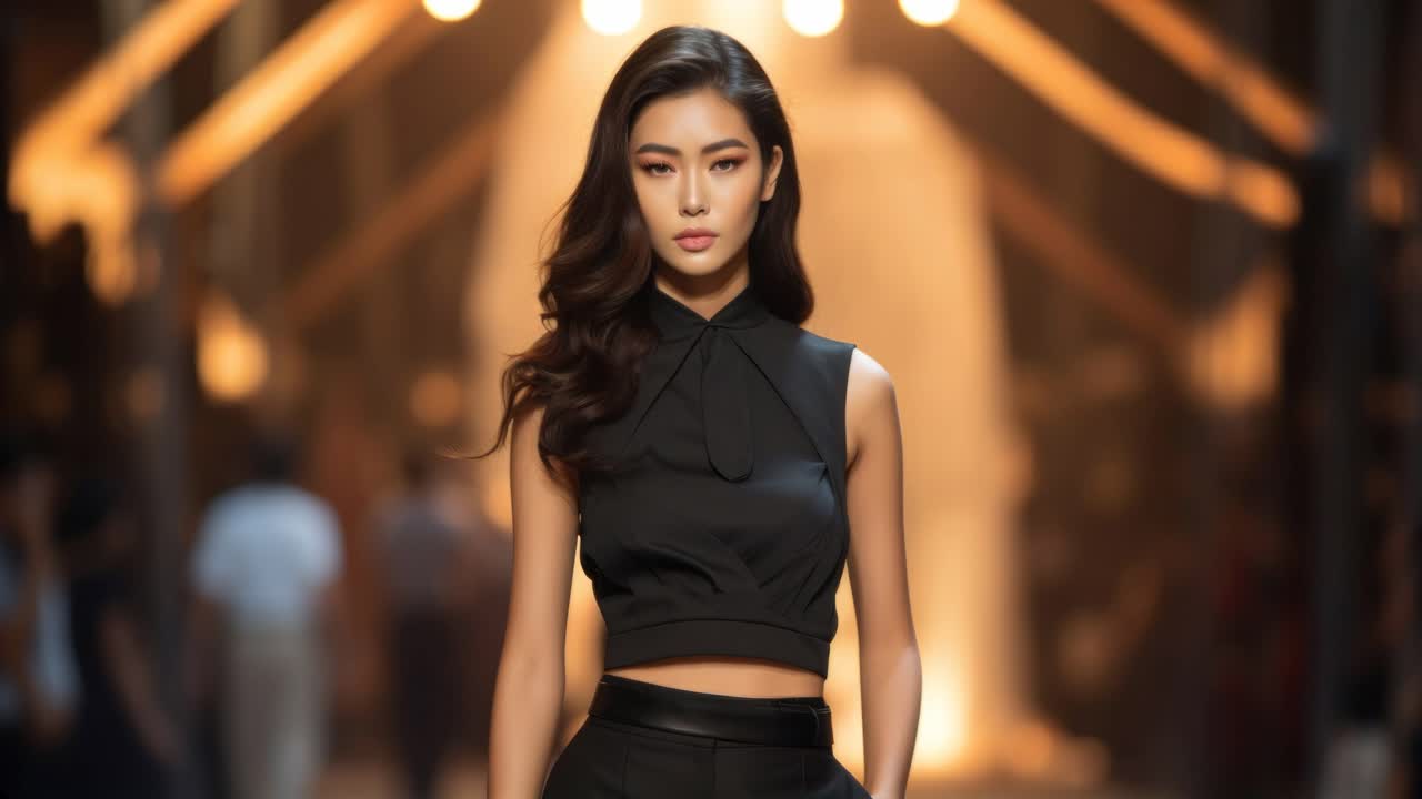 Fashion video concept with a confident model in a black outfit. Shot from a low angle