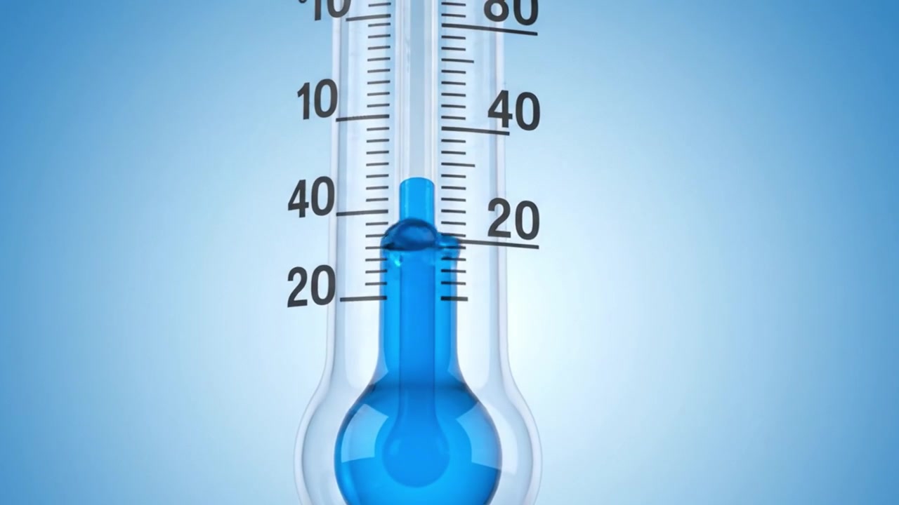 Uma Representação Visual Detalhada de um Termômetro Medindo a Temperatura com uma Coluna de Líquido Azul, Destacando a Escala em Unidades Celsius e Fahrenheit