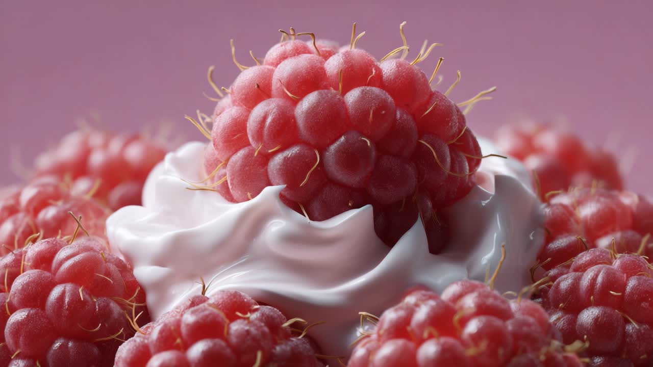 Delicious Raspberry Dessert with Whipped Cream: A Close-Up View Showcasing the Juicy Texture and Creamy Topping for a Tempting Visual Experience