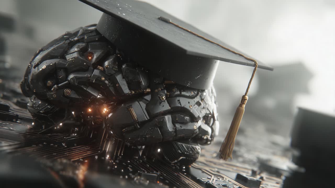 A Unique Intersection of Technology and Education: A Futuristic Brain Wearing a Graduation Cap Amidst a Digital Landscape Highlighting Innovation and Knowledge