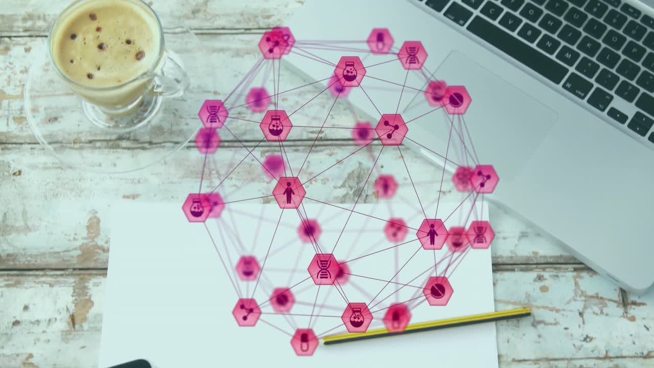 animación de iconos conectados globo sobre taza de café, teléfono celular, lápiz, papel y portátil en la mesa