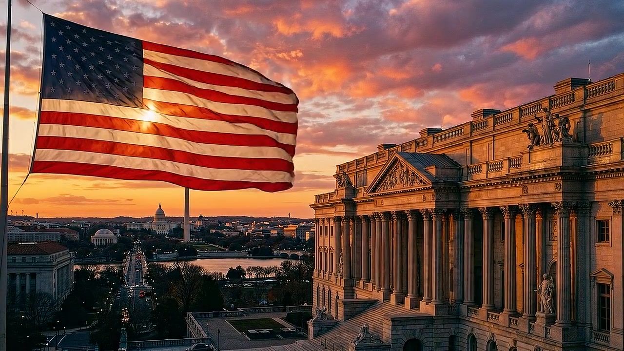 Bandiera americana che sventola su Washington DC al tramonto