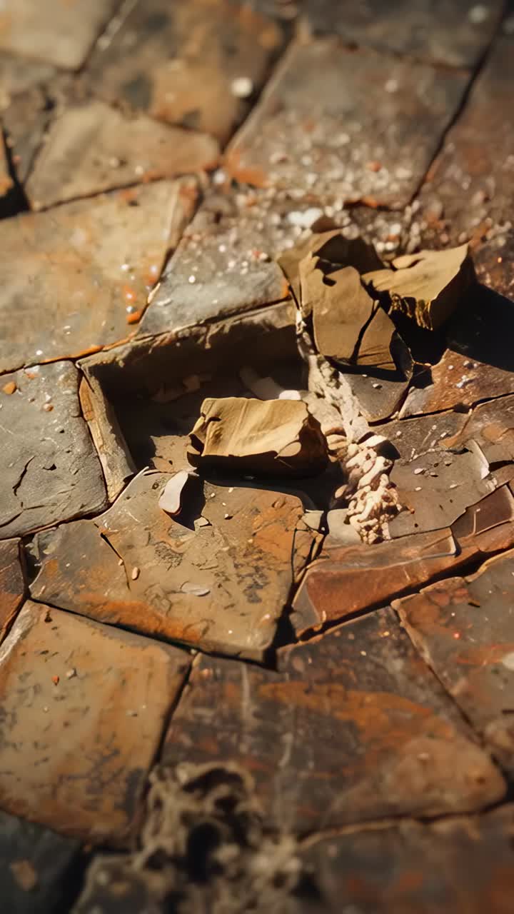 Vertical video: Panning camera showing leaf pile and twine on patio tiles showing wear, copy space