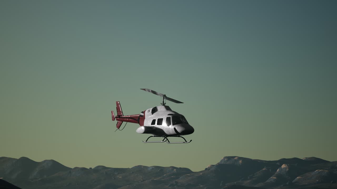 극단적 인 느린 움직임 비행 헬리 ⁇ 터와 해가 지는 하늘