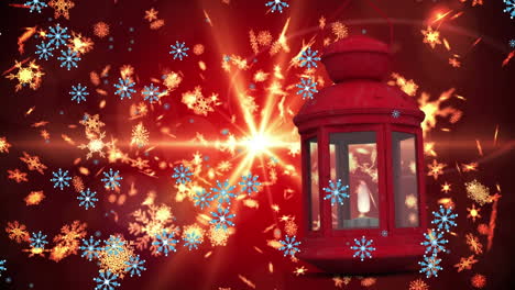 animation of christmas lantern over snow falling in winter scenery