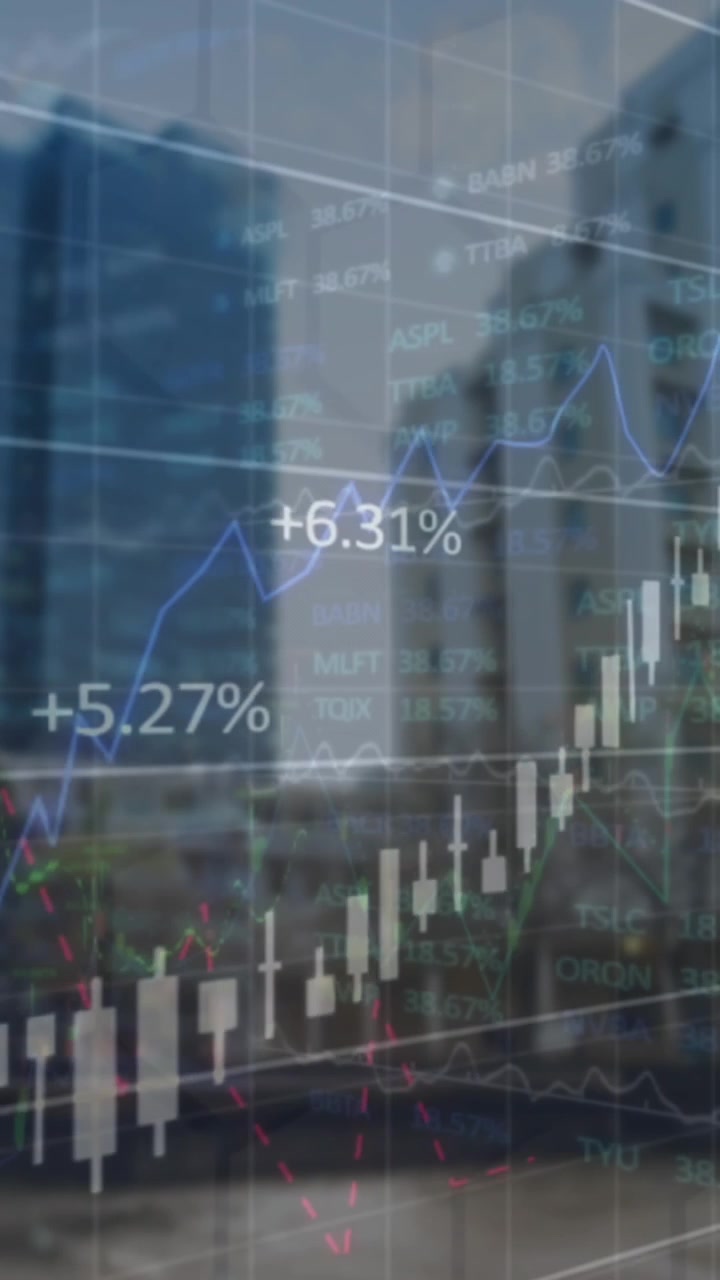 Animazione di elaborazione dati finanziari e di mercato azionario sullo sfondo di grattacieli