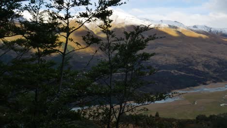 Close-up-of-Green-Trees-on-Hill-and-Beautiful-mountains-in-background-and-river-in-the-valley---Rees-Valley-in-New-Zealand