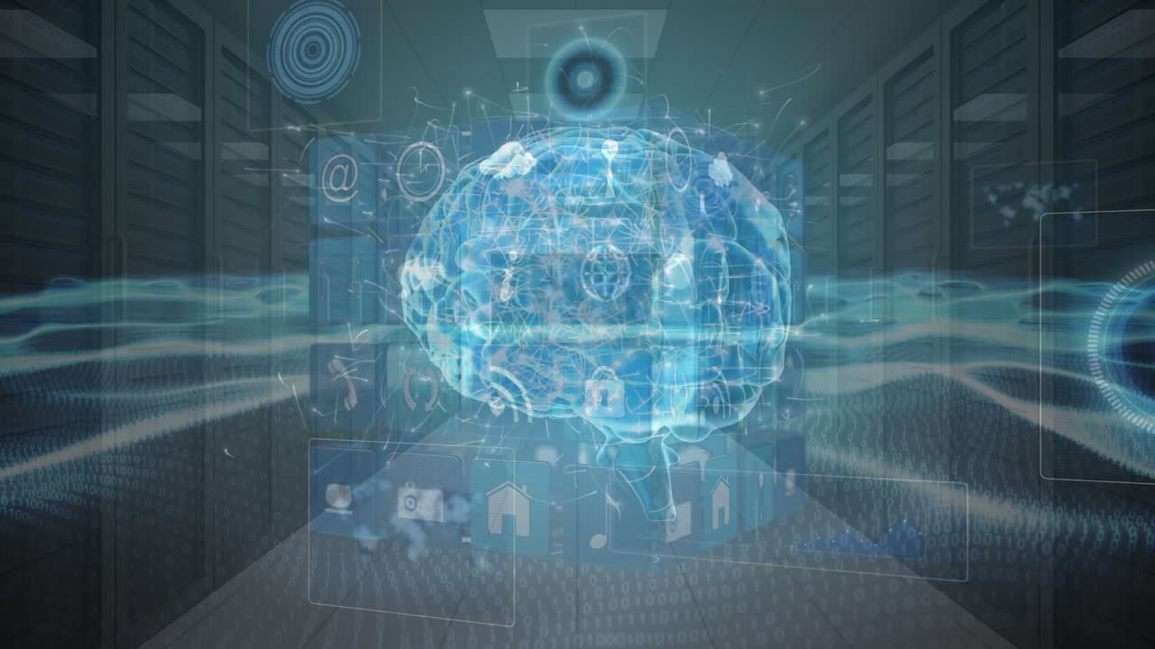 Animation of brain and cube of media icons with processing data over server room