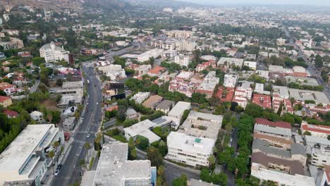 aerial view of traffic on the sunset blvd in west hollywood - tilt, drone shot